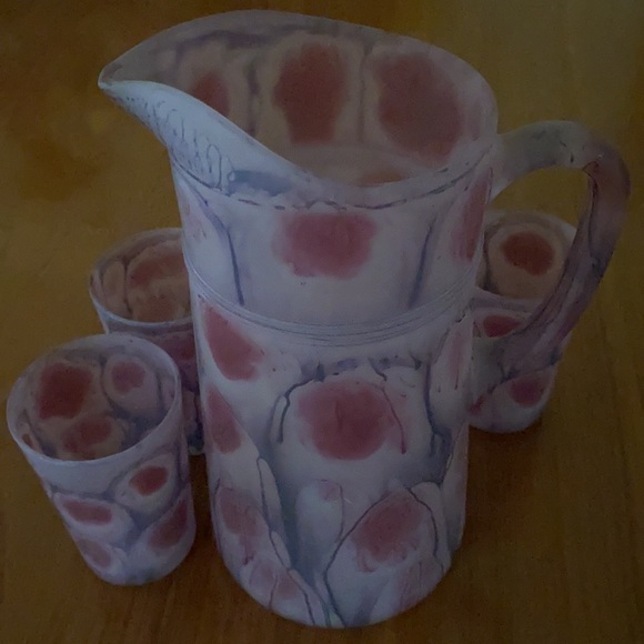 VINTAGE 1970’s Frosted Art Glass Pitcher & 3 Glasses - Picture 2 of 11
